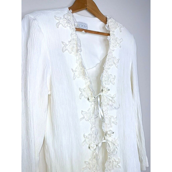 EXPO Vtg 90s Embroidered Flowers Open Tie Cardigan Lace Victorian Romantic Sz 14 - Picture 2 of 11